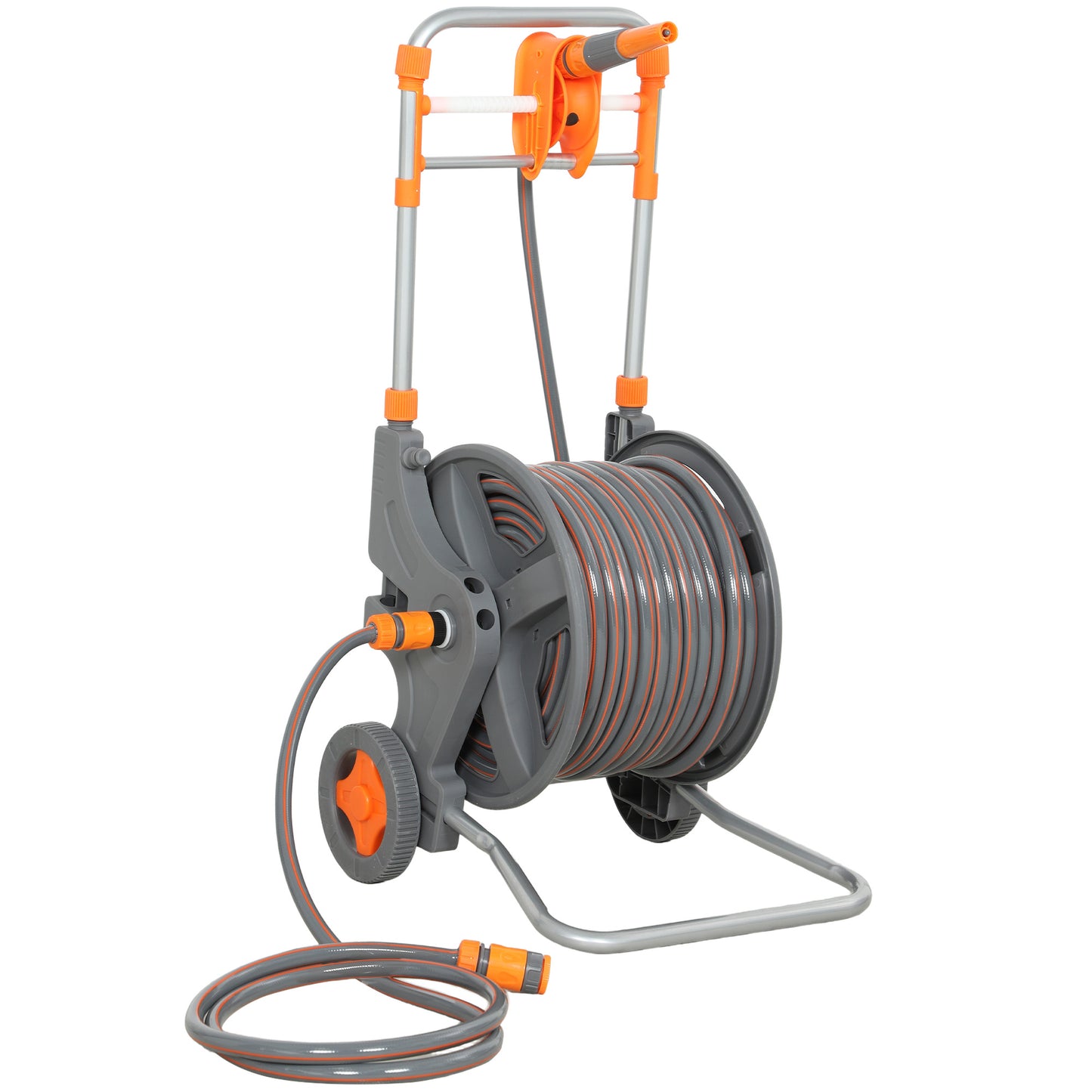 Hose Reel Cart with Wheels, 45+2m Garden Hose Reel with 2 Patterns Nozzle, Faucet Adaptors and Rewind Handle, Orange