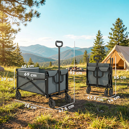 81L Festival Trolley on Wheels, Compact Garden Folding Trolley Cart with Adjustable Handle 80L, Grey