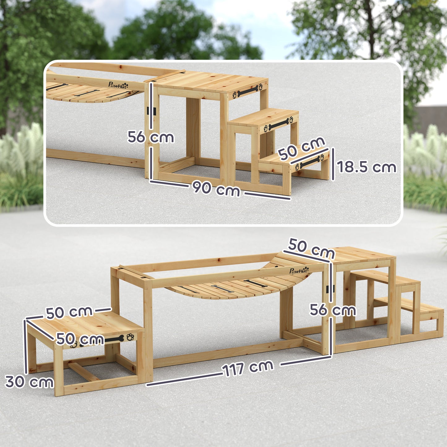 3 Pieces Wooden Dog Agility Training Equipment with Soft Bridge, Pause Platform and Pet Stair for Outdoor, Natural Wood