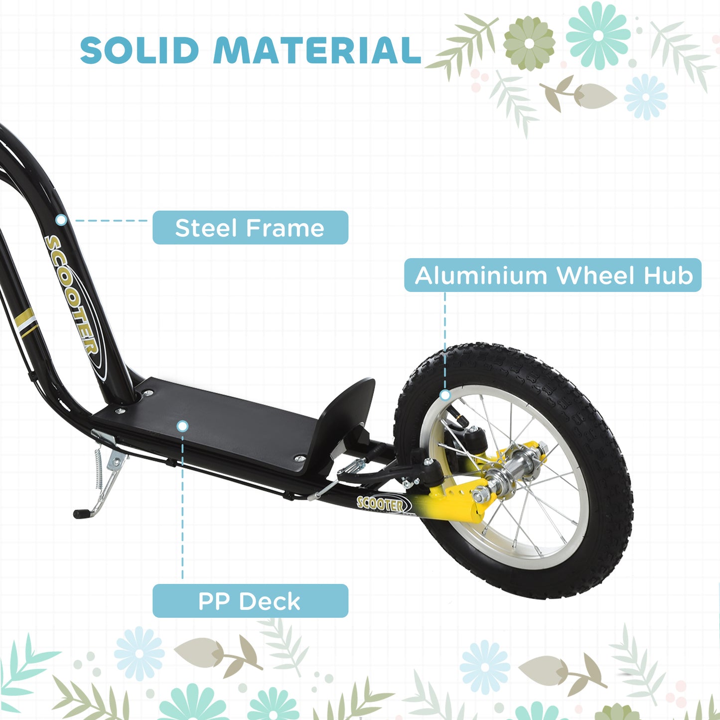 Teen Kids Stunt Scooter w/ Adjustable Handlebar, 12 Inch Rubber Tyres, Dual Brakes, Black