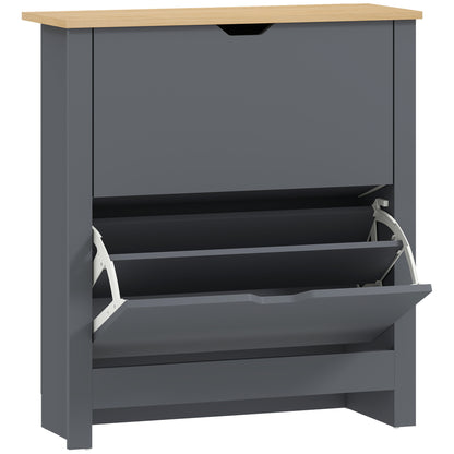 Slim Shoe Cabinet, Narrow Shoe Cupboard with 2 Flip Drawers, Adjustable Shelves for 12 Pairs of Shoes, Charcoal Grey