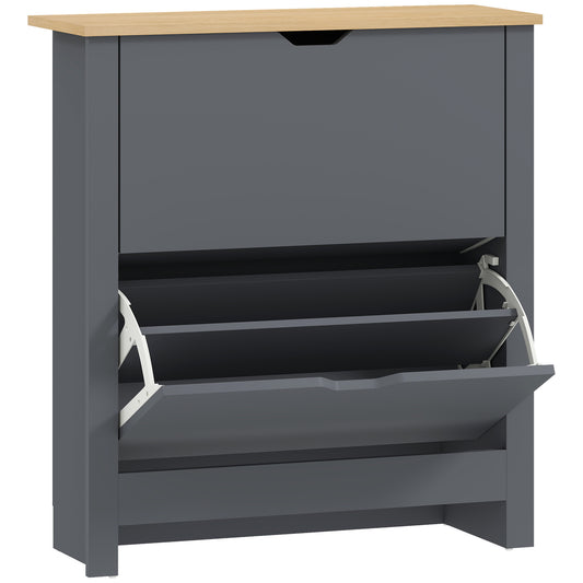 Slim Shoe Cabinet, Narrow Shoe Cupboard with 2 Flip Drawers, Adjustable Shelves for 12 Pairs of Shoes, Charcoal Grey