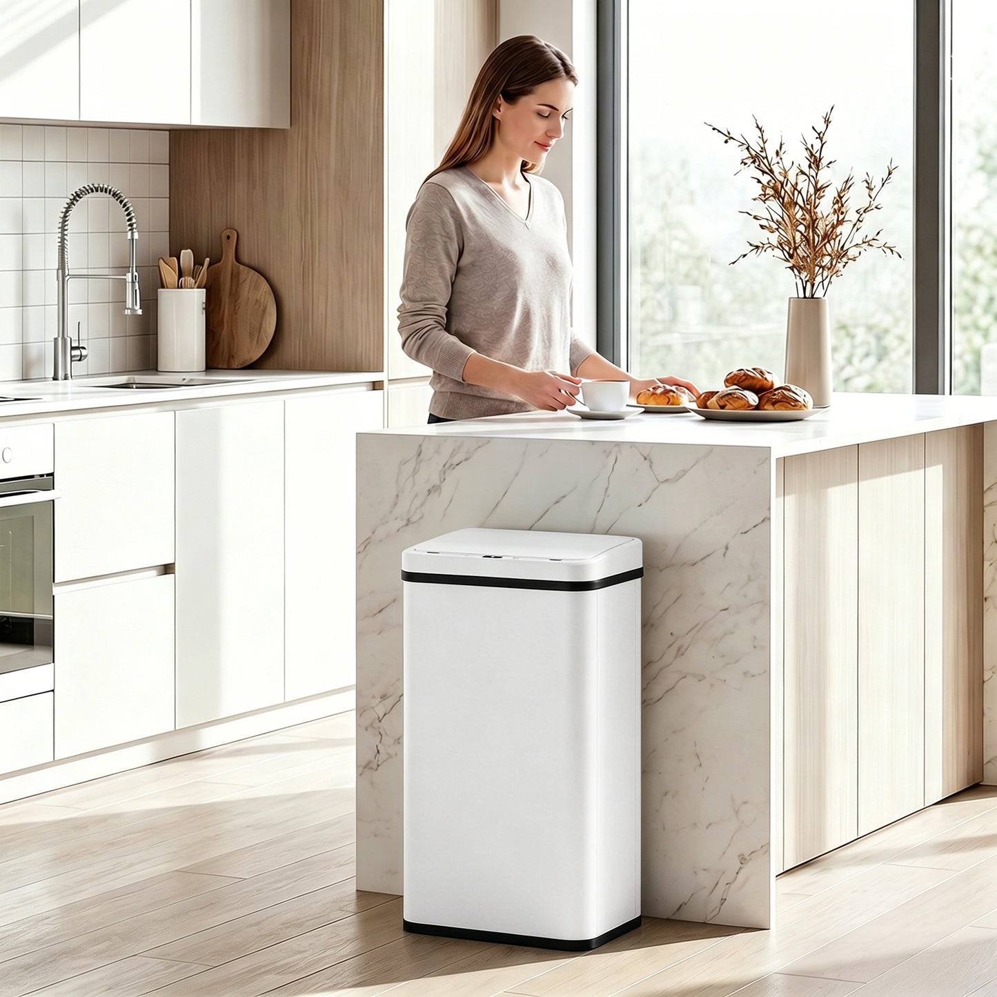 50L Sensor Bin with Soft-Close Lid, Stainless Steel Automatic Touchless Motion Sensor Kitchen Bin, White