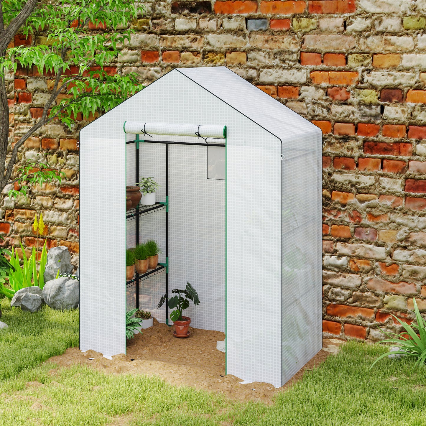 143 x 74cm Walk-In Greenhouse, with Shelves - White