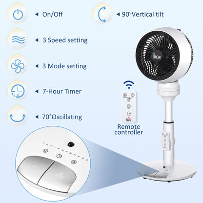 9'' Air Circulator Fan 3 Speed 3 Mode, 70° Oscillation 90° Vertical Tilt, Height Adjustable, Remote Controller