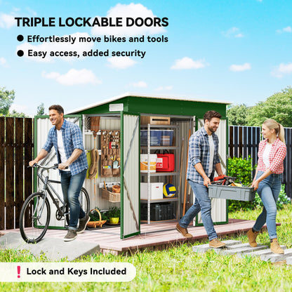 7.5 x 4.3ft Metal Garden Storage Shed, Waterproof Outdoor Shed with Triple Lockable Door, Gloves, Vents, Green