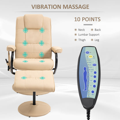 Swivel Recliner Chair and Footstool, Faux Leather Massage Recliner Armchair with Remote Control and Round Wrapped Base, Beige