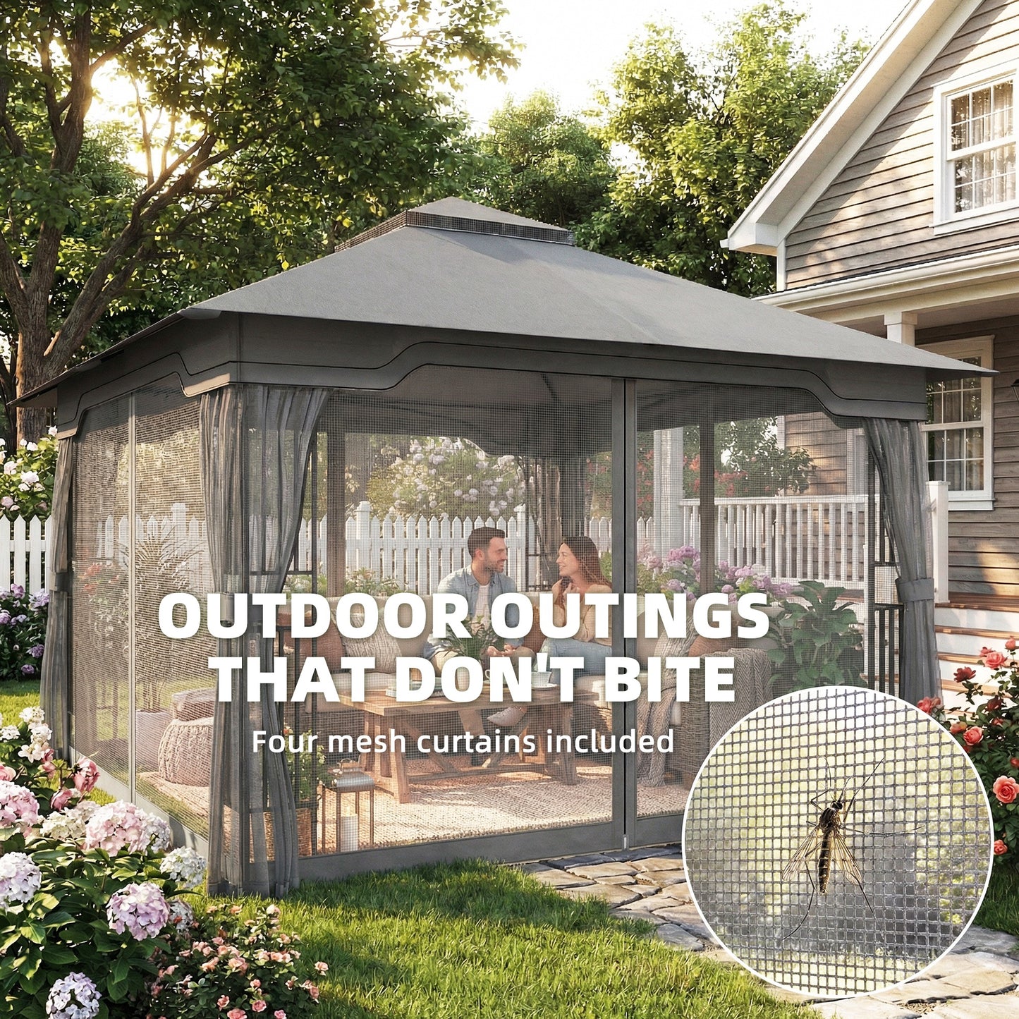 3.3 x 3.3 m Outdoor Garden Gazebo with Post Shelves, UPF50+ Patio Permanent Pavilion with Hook, Dark Grey