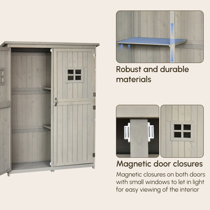 Wooden Garden Shed with Two Windows, Tool Storage Cabinet, Outdoor Double Door Organizer 127.5L x 50W x 164H cm, Grey