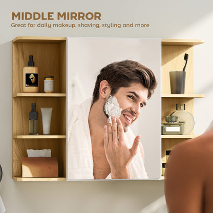 Bathroom Mirror Cabinet with Open Storage Shelves - Natural Wood Finish