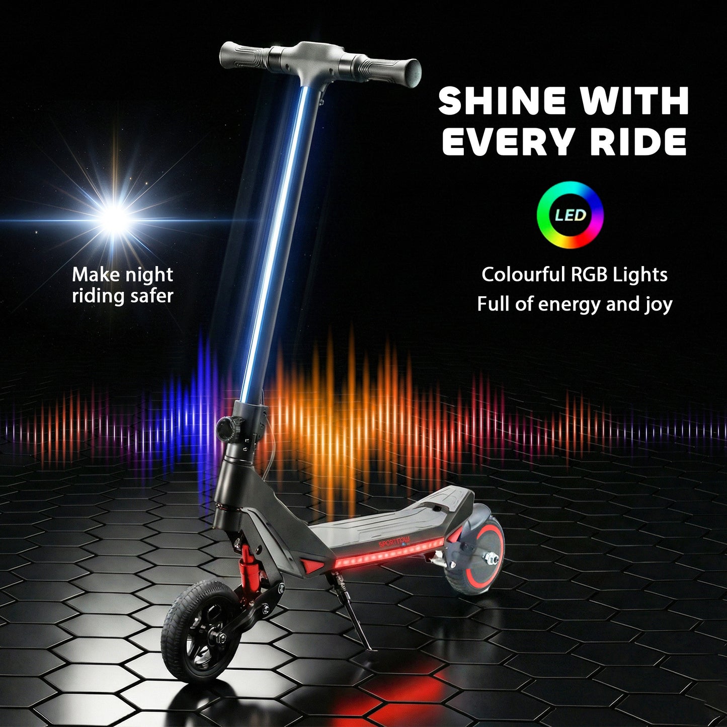 Electric Scooter for Kids, Foldable E Scooter for Age Age 6+ with LED Display, RGB lights, Up to 16km/h, Black
