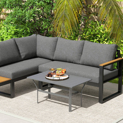 Metal Garden Coffee Table, Rectangular Outdoor Side Table with Slatted Tabletop, Foot Pads for Outside, Garden, Balcony