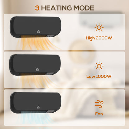 2000W Wall Mounted Ceramic Space Heater, 10-49°C Temperature, Black