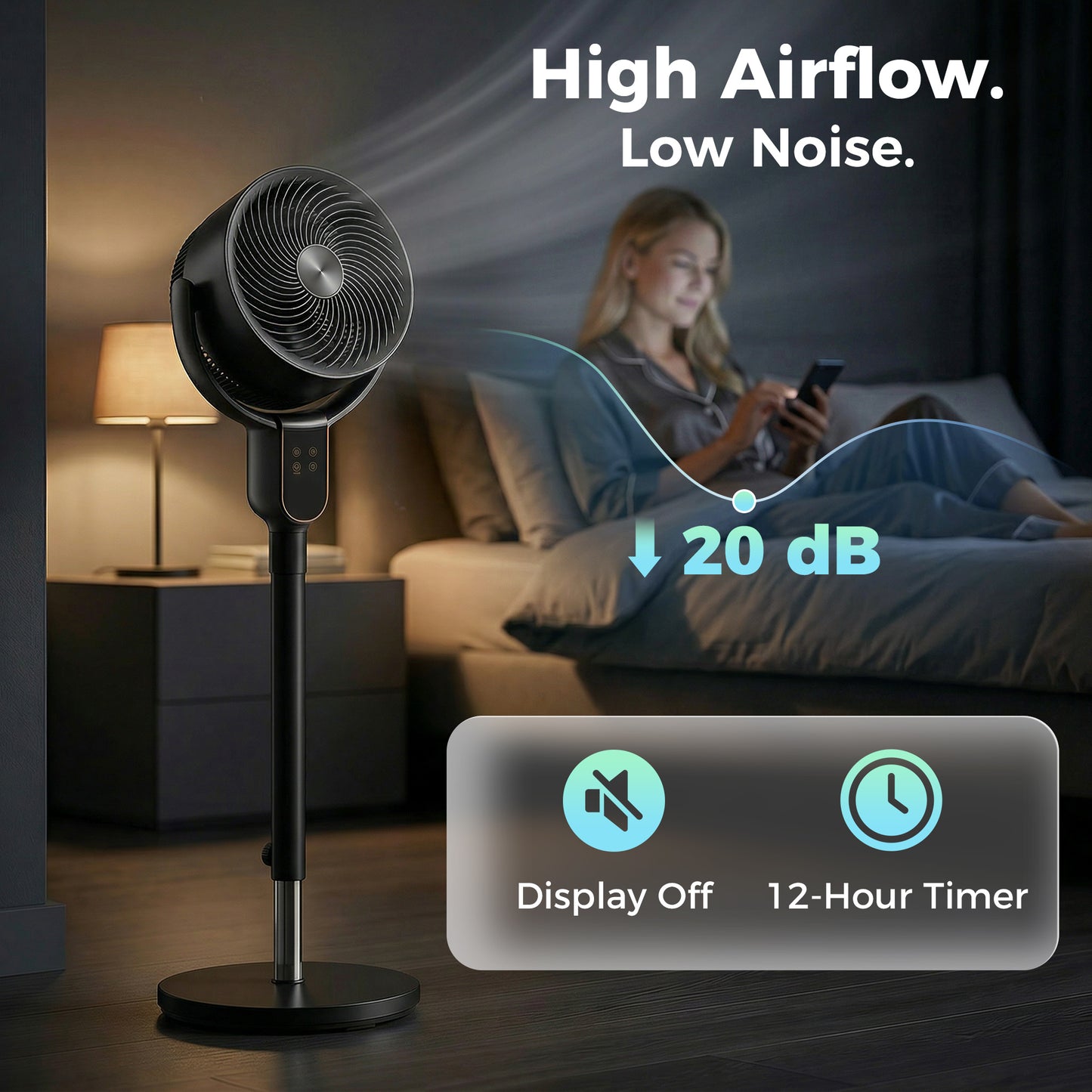20 dB Silent Standing Fan for Bedroom, 42" Pedestal Fan with Remote, 90° Oscillating, 8 Speeds, Remote Control, Black