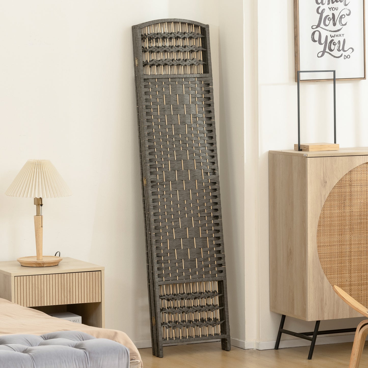 4 Panel Folding Privacy Screen, Room Divider with Pine Wood Frame for Living Room and Office, Dark Grey