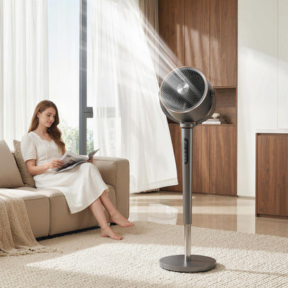 20dB Silent Standing Fan, 70°+90° Auto Oscillating Fan with 12 Speeds, LED Light, Air Circulator, Remote Control, 12H Timer