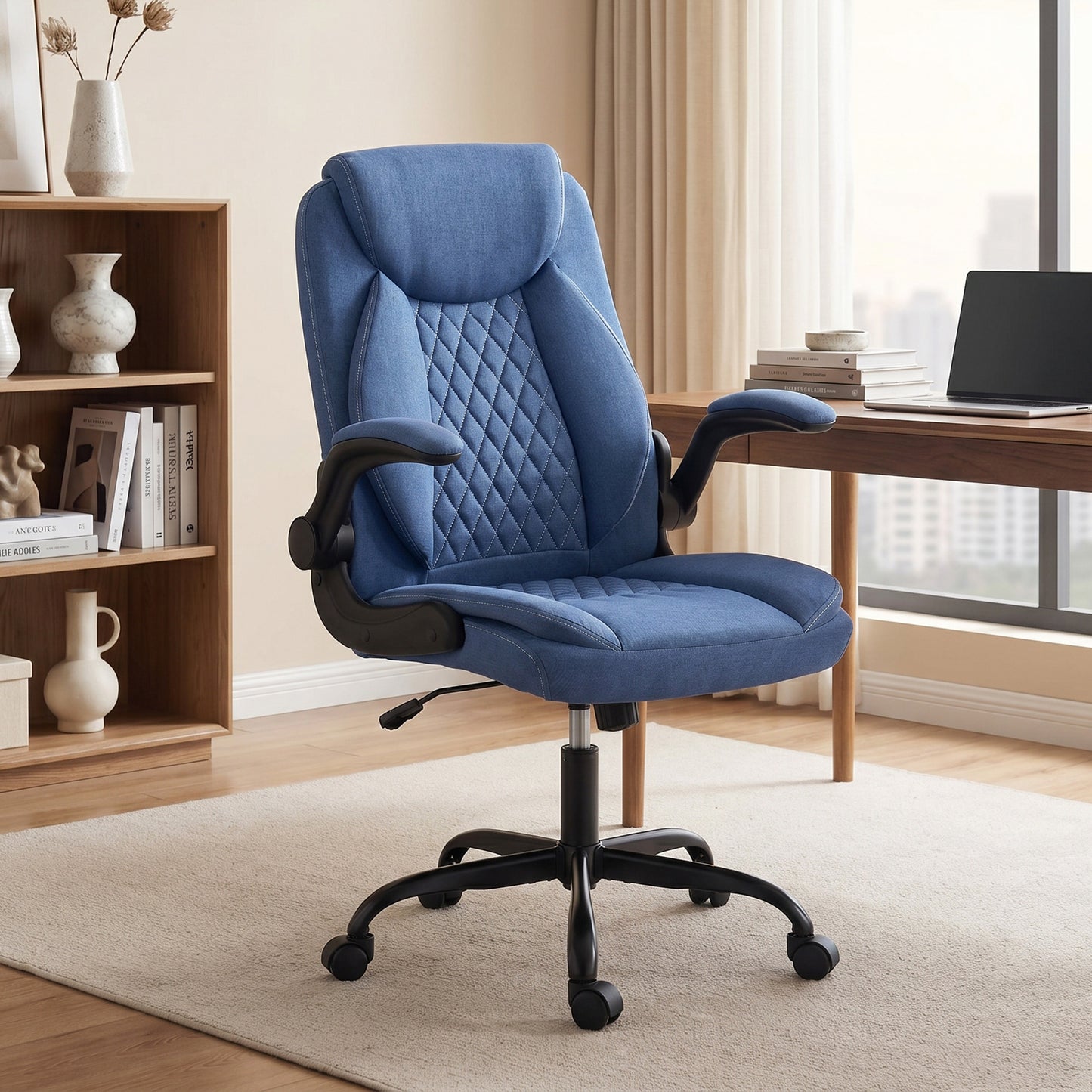 Linen-Look Computer Desk Chair, Executive Office Chair with Flip-Up Armrests and Thick Cushion, Blue