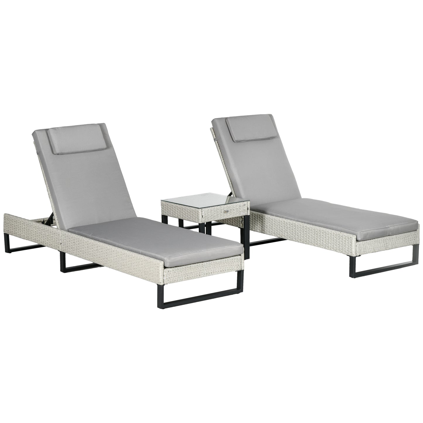 3-piece PE Rattan Sun Lounger Set with Adjustable 5-Position Recliner, Patio Chaise Lounge Chair Set with Cushions