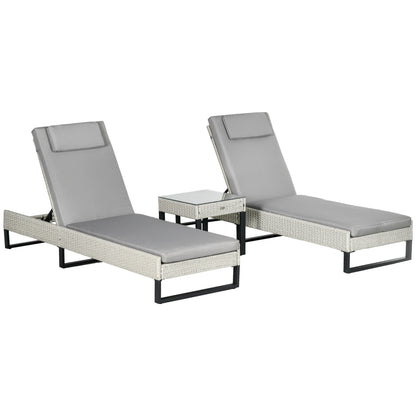 3-piece PE Rattan Sun Lounger Set with Adjustable 5-Position Recliner, Patio Chaise Lounge Chair Set with Cushions