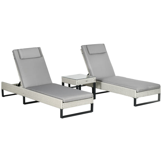 3-piece PE Rattan Sun Lounger Set with Adjustable 5-Position Recliner, Patio Chaise Lounge Chair Set with Cushions