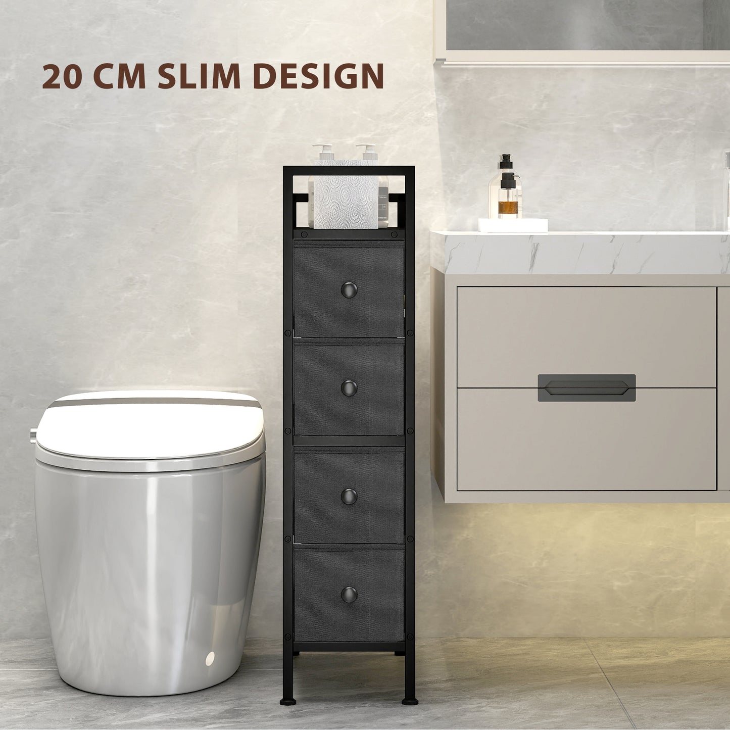 4 Drawer Fabric Dresser Chest of Drawers, Slim Storage Cabinet with Steel Frame for Small Spaces, Bedroom, Black