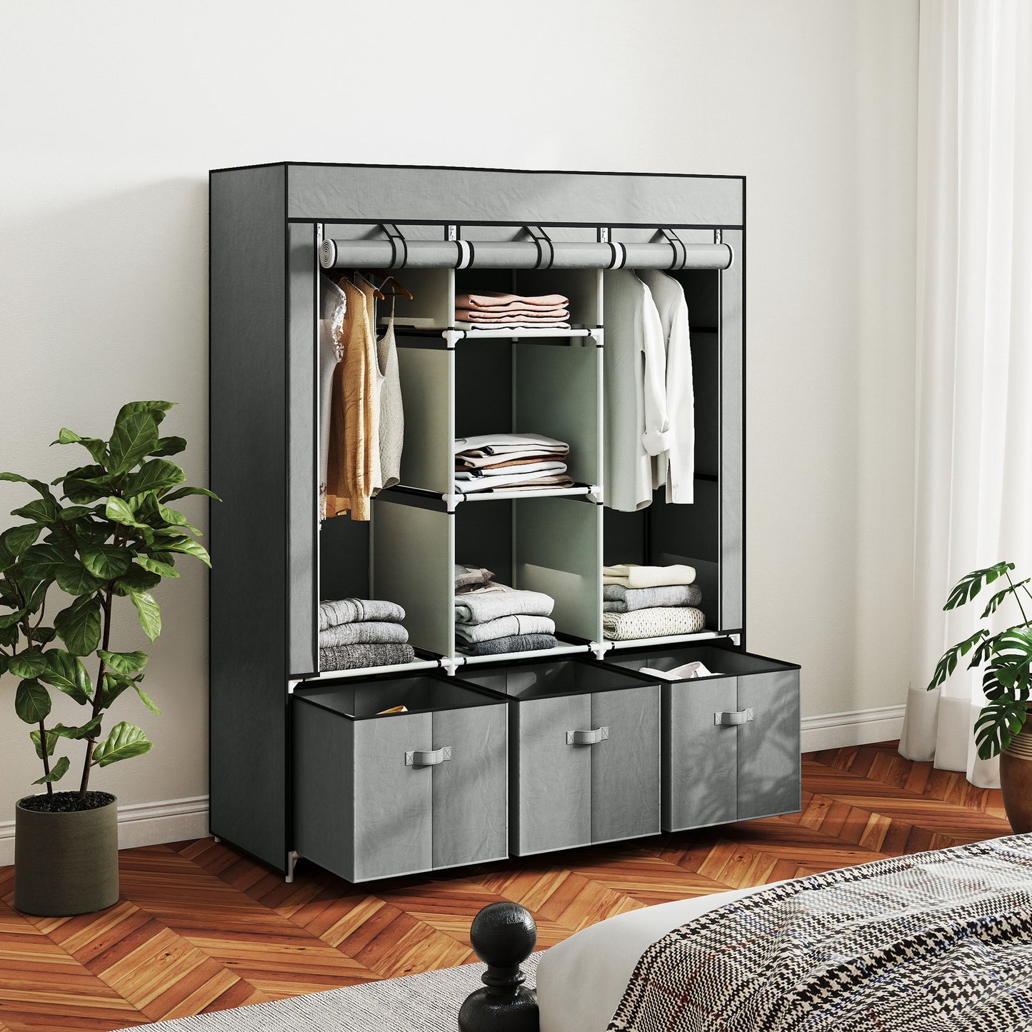 Foldable Fabric Wardrobe for Bedroom, Portable Wardrobe with 5 Shelves, 2 Hanging Rails and 3 Fabric Drawers, Light Grey