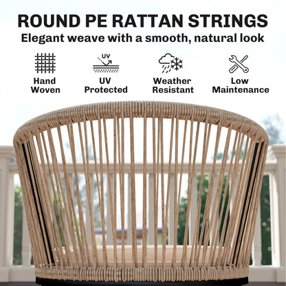 Garden Chairs Set of 2, Rattan Garden Dining Chairs with String Back Armrests, Cushions, Natural Wood Finish