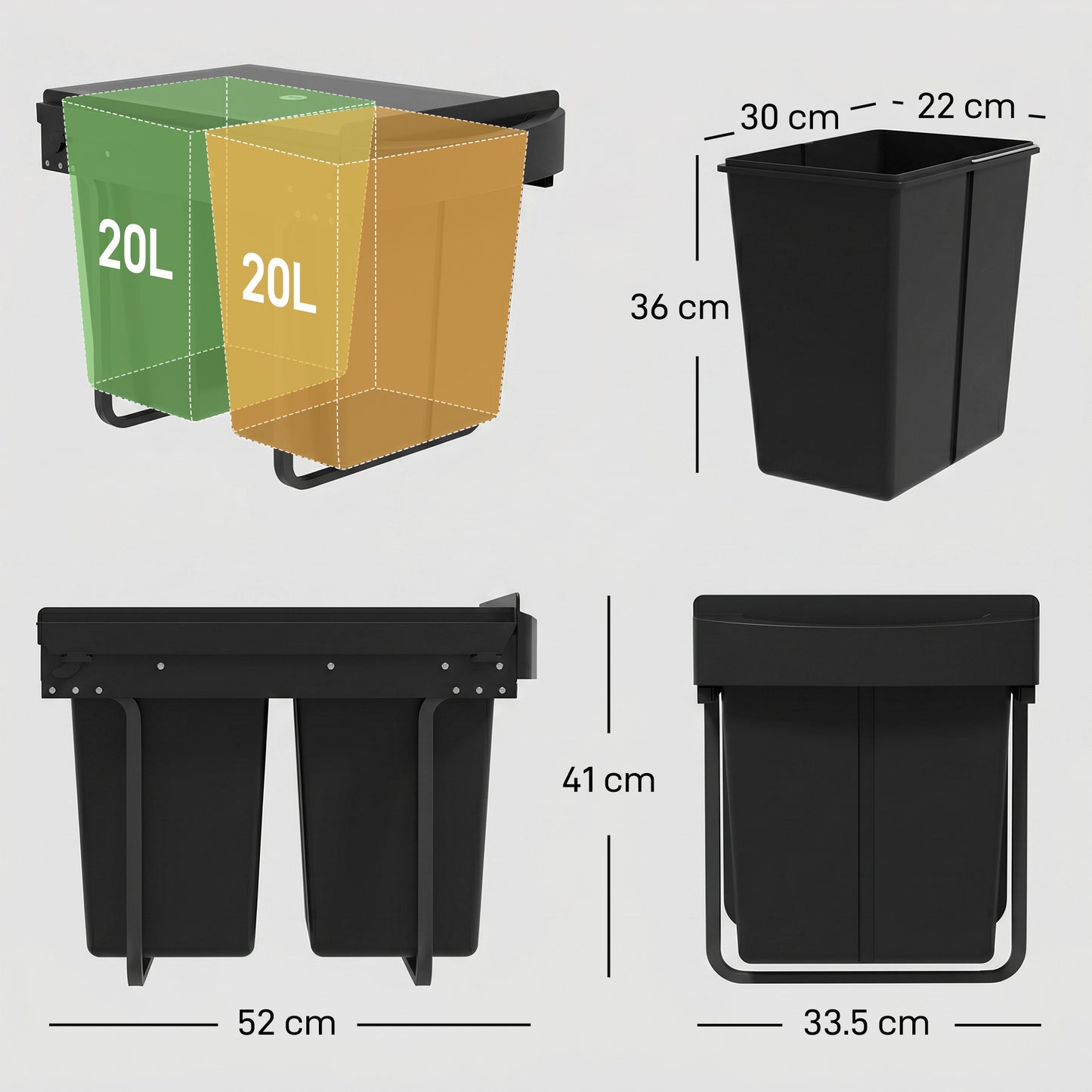 Pull Out Bin, Kitchen Under Sink Bin with 2 Removable Compartments, Smooth Glide, Black