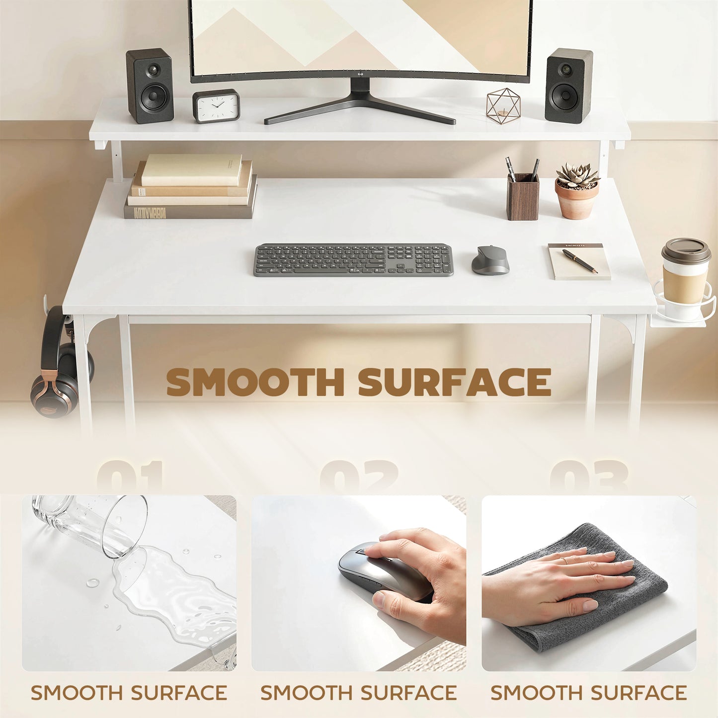 Computer Desk, 80cm Home Office Study Table with Hutch Shelf, Cup Holder, Headphone Hook, White