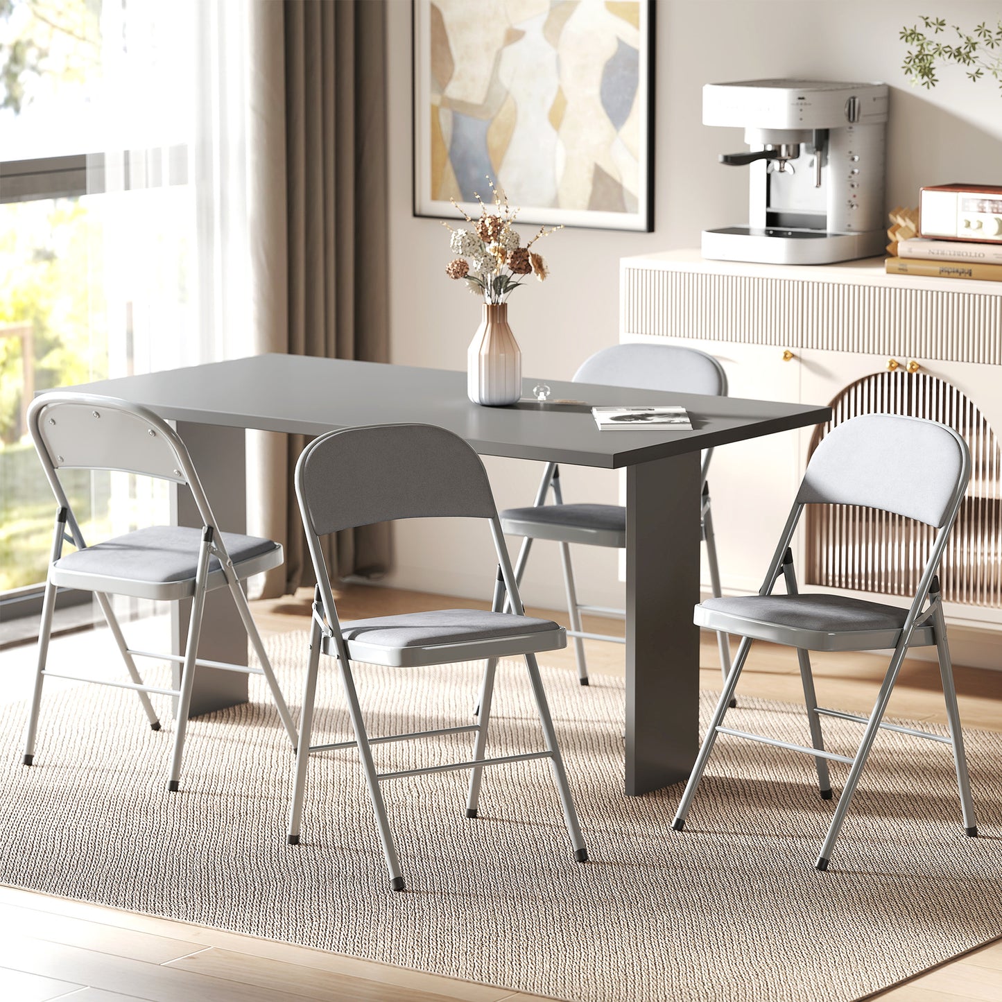 4 Pack Folding Chairs with Padded Seats, Velvet Portable Party Chairs with Steel Frame, Light Grey