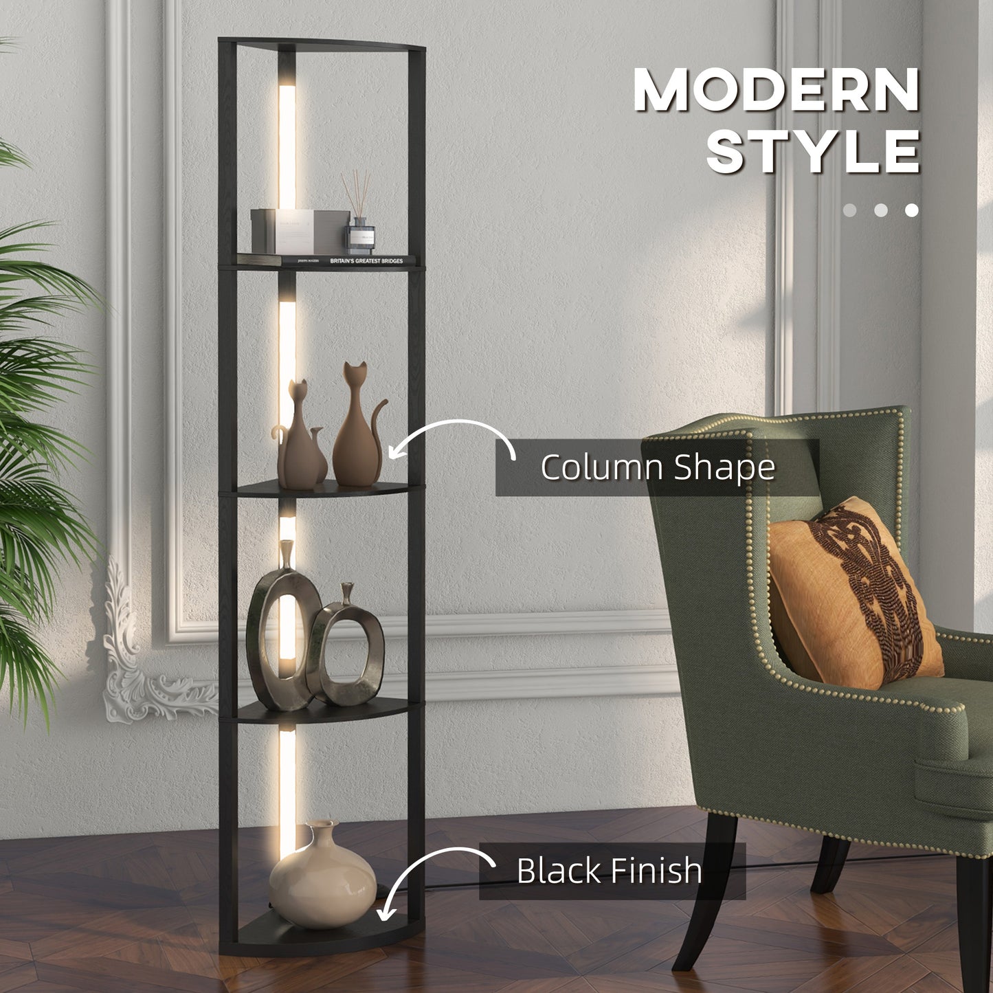 Corner Floor Lamp for Living Room Bedroom with Warm White LED Light, Modern Tall Standing Lamp, Black