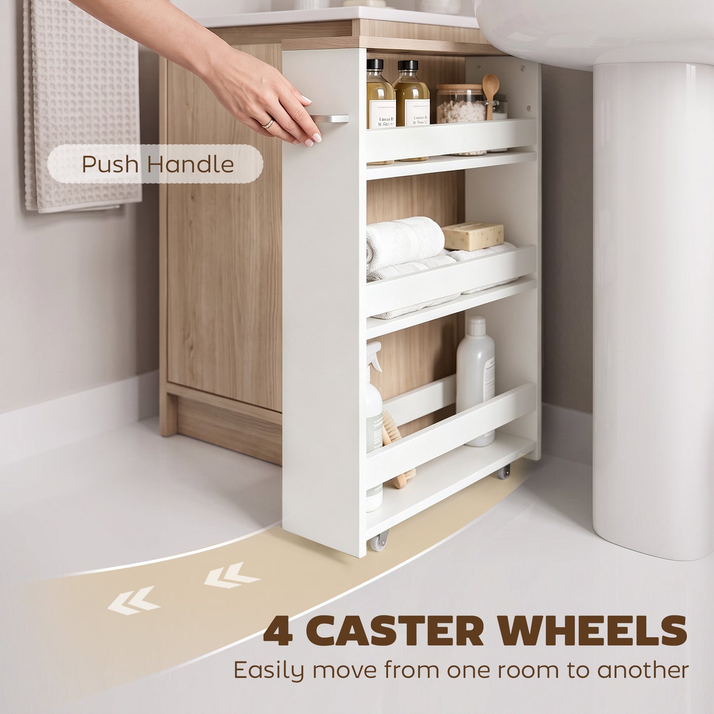 Storage Cart, 4-Tier Compact Storage Trolley on Wheels and Handle, 48W x 15D x 80H cm, White
