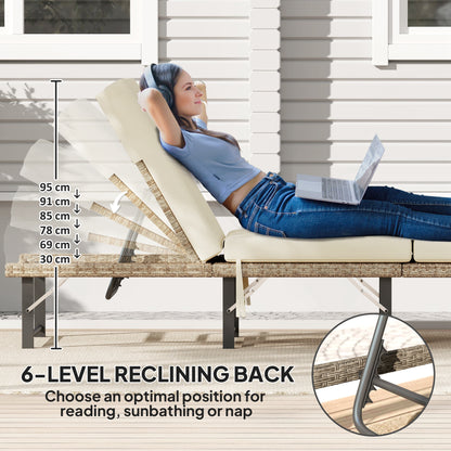 Single Folding Rattan Sun Lounger, with Cushion - Grey