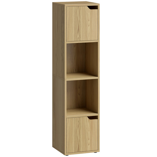 Narrow Bookcase, 4-Tier Bookshelf, Storage Cabinet with doors for Living Room, Bedroom, Oak