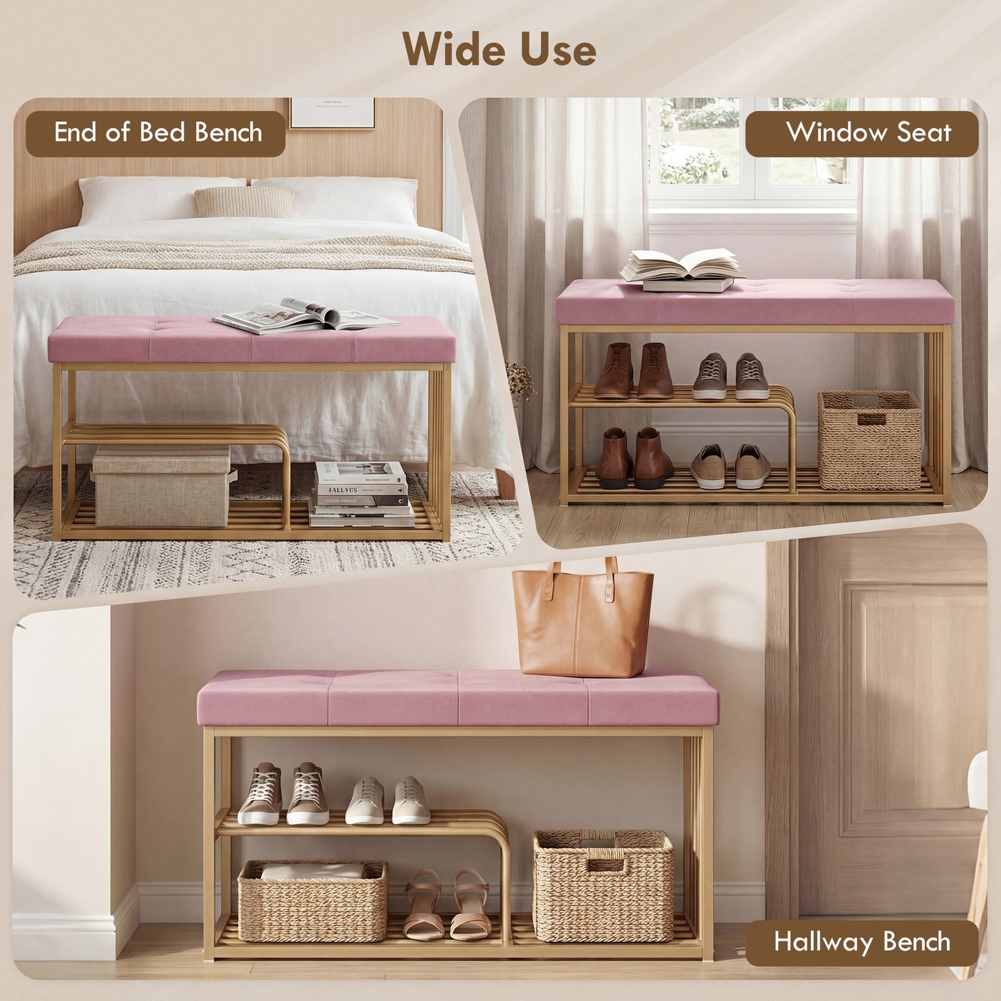 Bench and Shoe Storage, Tufted Shoe Storage Bench with Velvet Seat Cushion Gold Steel Frame for Entryway, Pink