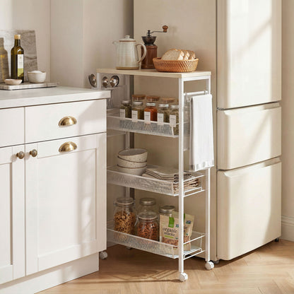 3-Tier Kitchen Cart with 3 Steel Wire Baskets - White