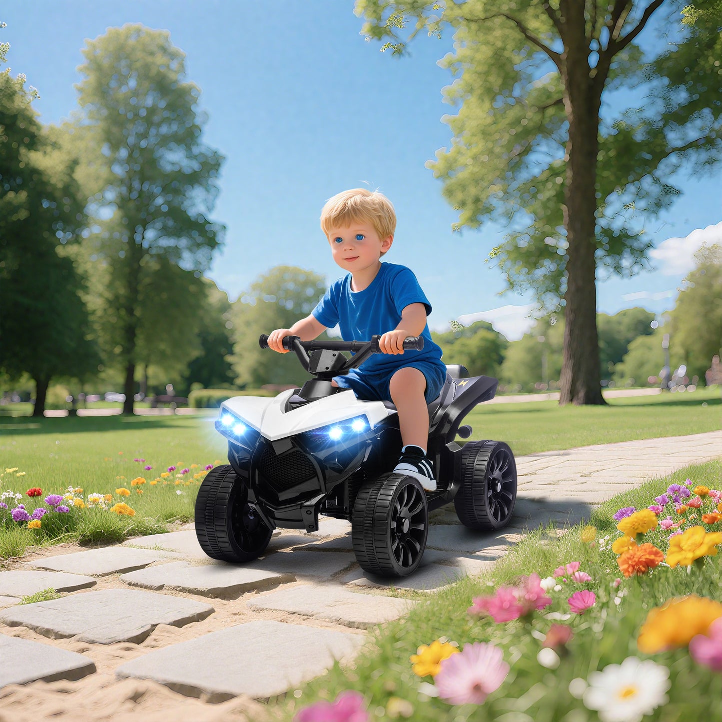 6V Kids ATV, 4 Wheeler Electric Ride on Car with Music and LED Headlights, for Ages 18-56 Months Boys and Girls, White