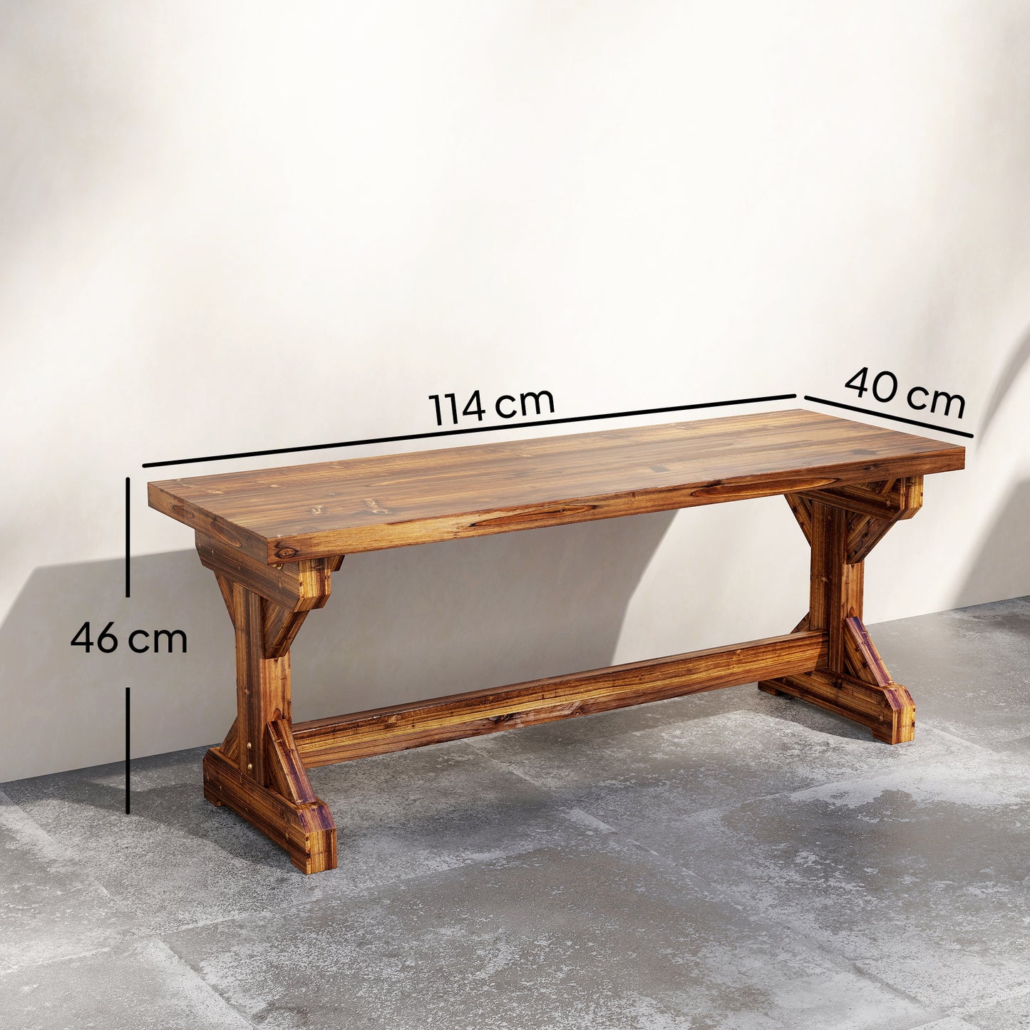 Rustic Wooden Garden Bench, Backless Outdoor Bench Patio Loveseat with X-Shape Base for Porch, Park, Carbonised Finish