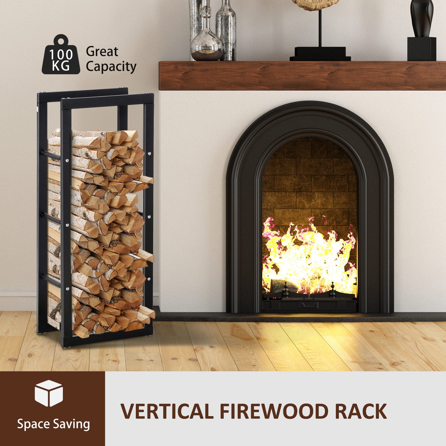 Metal Firewood Log Holder Tall Firewood Rack Indoor Outdoor Fireplace Wood Storage Shelf with Side Rails, Rust-Resistant