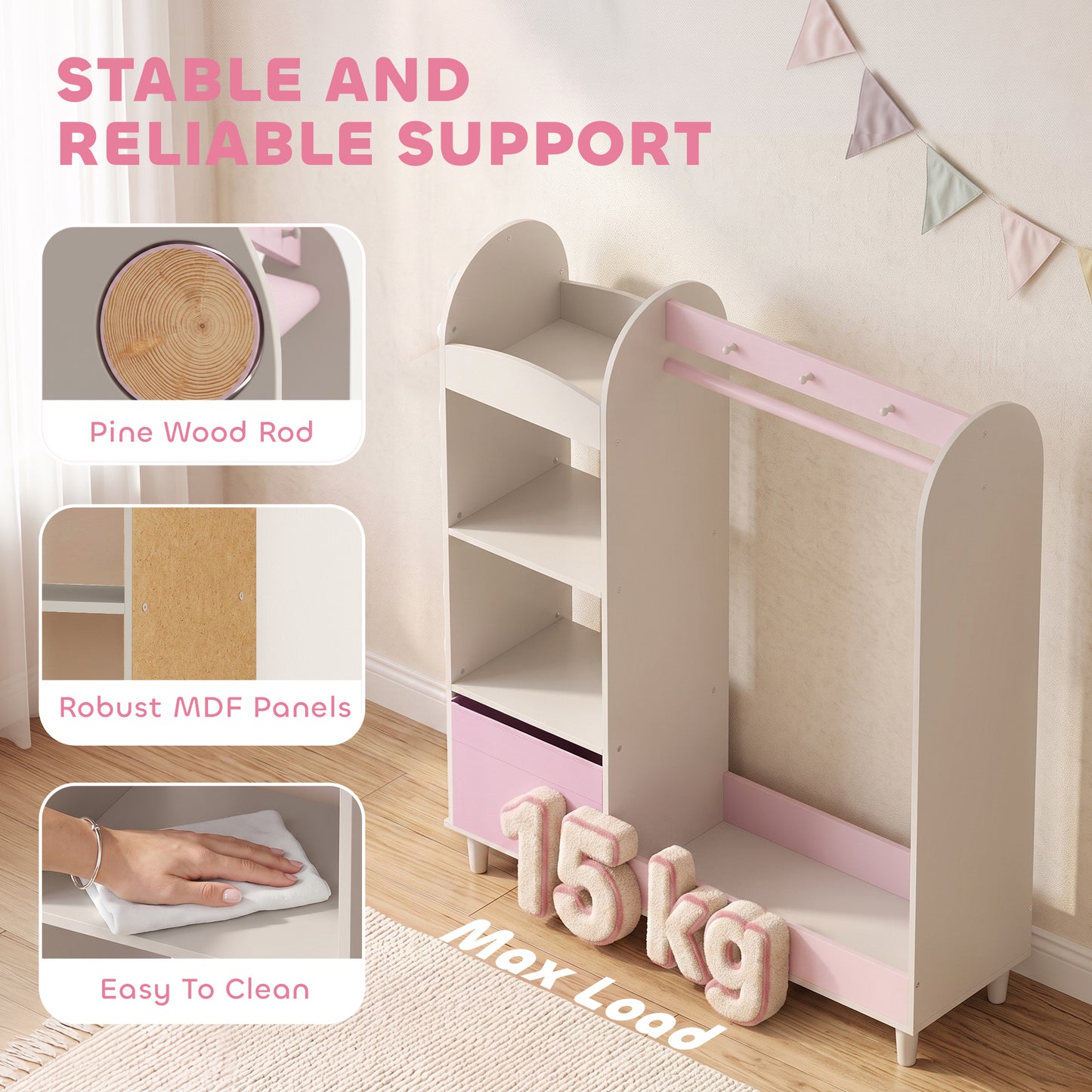 Kids Clothing Rack, Kids Wardrobe with Glowing Lights Mirror, Non-Woven Drawer and Shelves for Bedroom, Ages 3-8, Pink