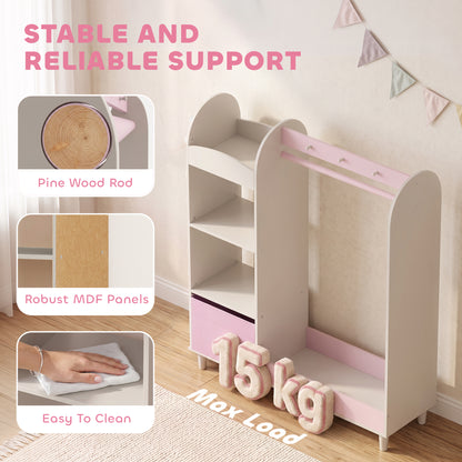 Kids Clothing Rack, Kids Wardrobe with Glowing Lights Mirror, Non-Woven Drawer and Shelves for Bedroom, Ages 3-8, Pink