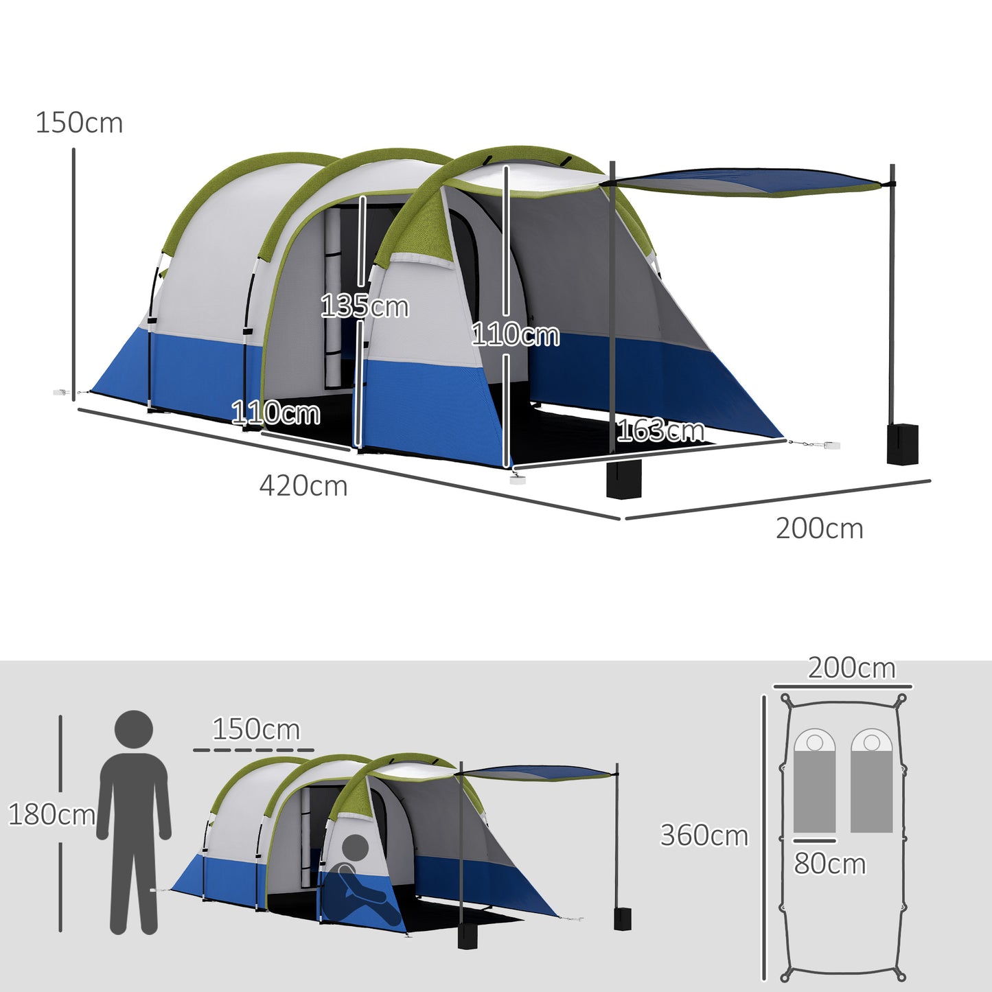 Two Man Two-Room Tent, with Porch and Accessories - Green