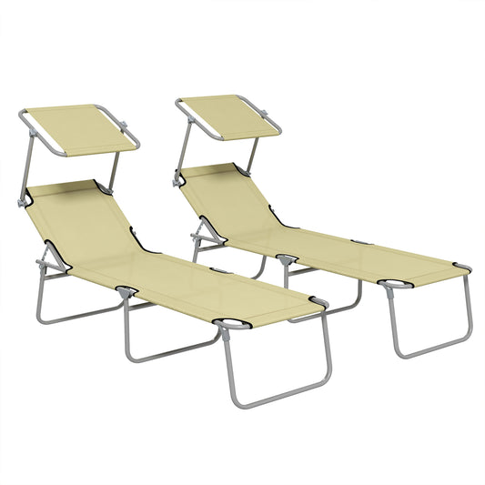 Folding Sun Lounger Set of 2 with Canopy, Reclining Sunbed with 4-Position Adjustable Backrest, 600D Oxford Cloth