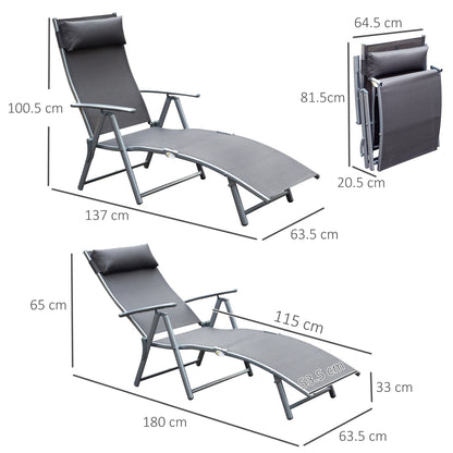 Sun Lounger Steel Frame Outdoor Folding Chaise Texteline Lounge Chair Recliner with Headrest & 7 Levels Adjustable Backrest