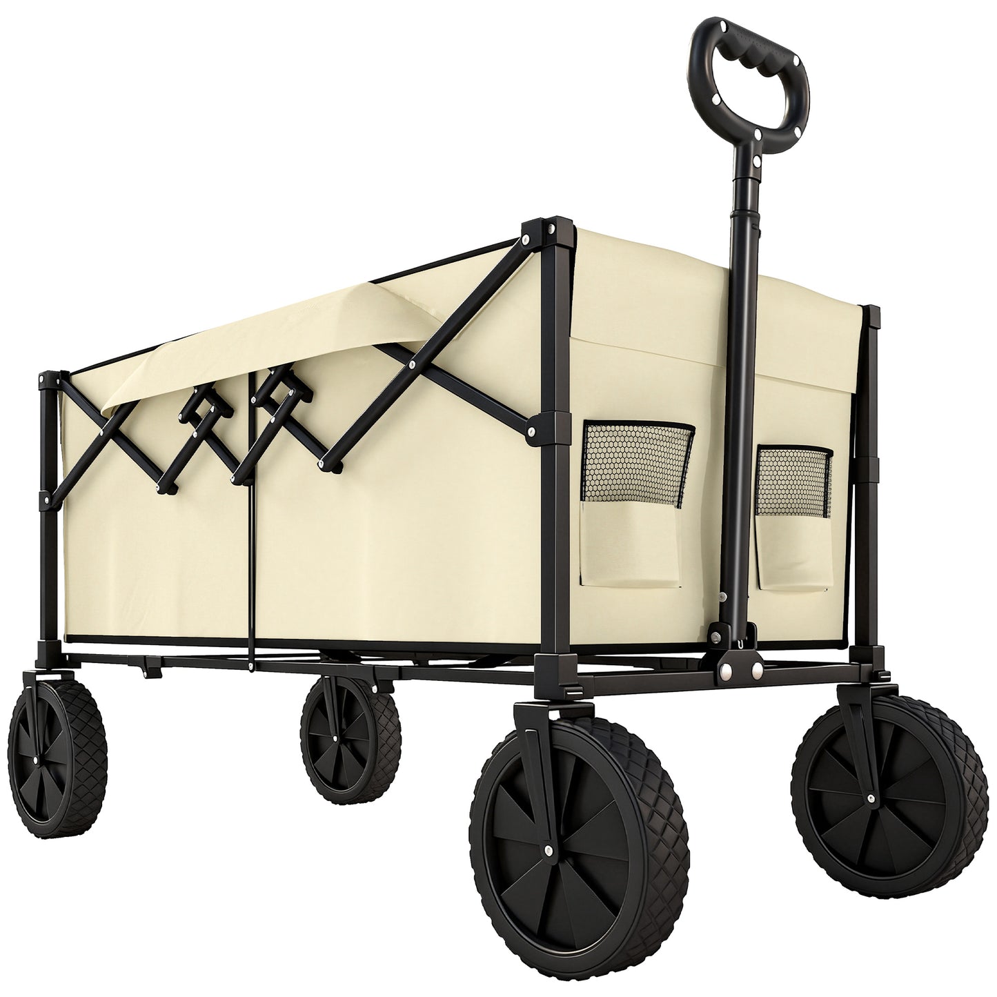 95L Foldable Festival Trolley on Wheels, Collapsible Wagon Cart with Adjustable Handle and 2 Cup Holders, Khaki