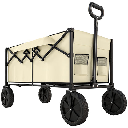 95L Foldable Festival Trolley on Wheels, Collapsible Wagon Cart with Adjustable Handle and 2 Cup Holders, Khaki