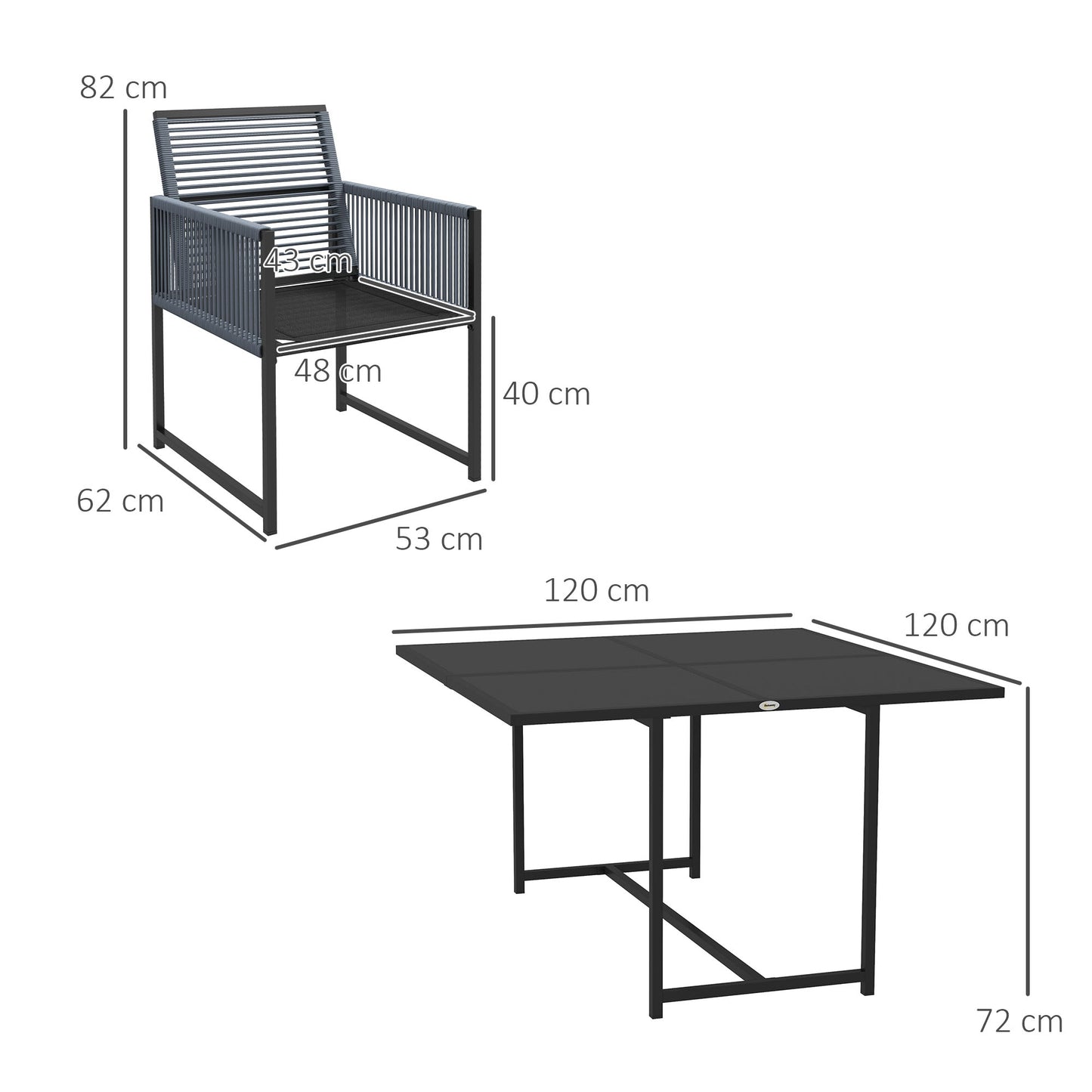 Five-Piece Metal Dining Set, with Folding Back Chairs, Dark Grey