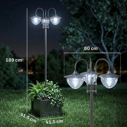 189cm 3-head Solar Lamp Post, Street Light with Planter, Automatic-on, 6 Hour Max Outdoor Ready LED Lighting, Black