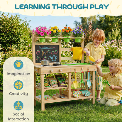Kids Mud Kitchen, Outdoor Wooden Play Kitchen with Kitchenware & Garden Tools, Pretend Play Outdoor Toys, Natural
