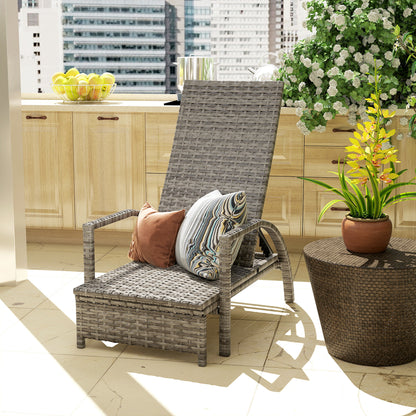 Reclining Rattan Lounger, with Extending Footrest - Grey
